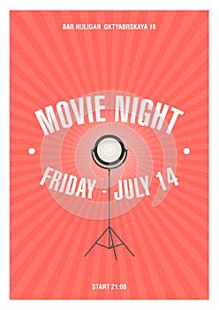 Bright colored poster or invitation template for movie night or film festival with glowing spotlight standing on tripod