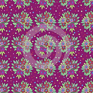 Bright, colored seamless pattern with bouquets of flowers painted with watercolors on a purple background