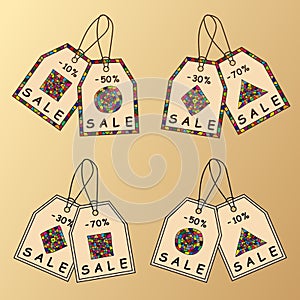 Bright colored tags, sale of goods, paper labels