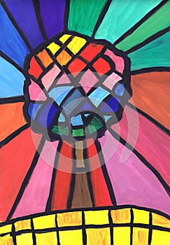 Bright colored tree. A sketch of a stained glass window. Child`s drawing
