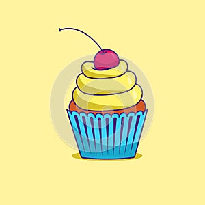 Bright colored yellow cupcake with cherries