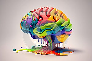 A bright colorful 3d human brain with liquid paint is isolated on white background. Generative AI