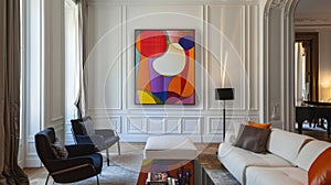 A bright and colorful abstract painting hangs on the wall the latest addition to a collectors growing collection of photo