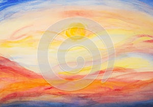 Bright colorful abstract sunset or sunrise sky wallpaper background hand painted with watercolor. Horizontal banner with sky