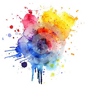 Bright colorful acrylic watercolor splash splatter liquid stain brush strokes on white background. Modern painting aquarelle spot