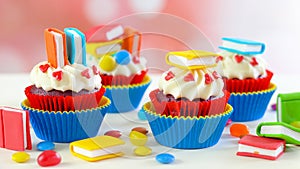 Bright colorful Back to School theme cupcakes.