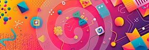 A bright, colorful background with digital pixels, geometric shapes, and playful icons, sense of playfulness