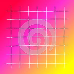 Bright colorful background with a white grid. Vector hand drawn tennis net. Bright red-pink, orange-yellow background.