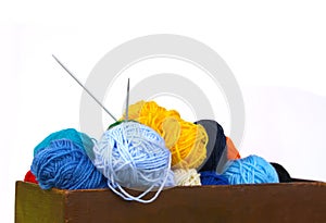 Bright colorful balls of yarn on white background.