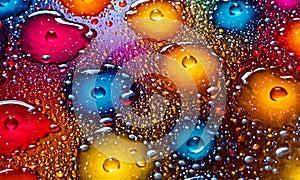 Bright colorful bubbles and drops, abstract liquid background