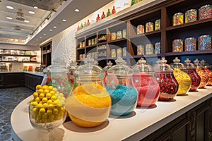 bright and colorful candy shop with jars of jelly beans, gummy bears and more