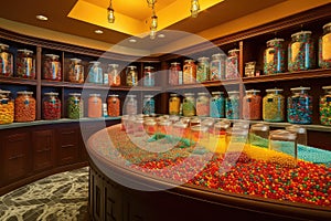 bright and colorful candy shop with jars of jelly beans, gummy bears and more