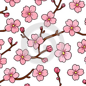 Bright, colorful cartoon cherry blossoms create a delightful, whimsical pattern, perfect for springthemed designs photo