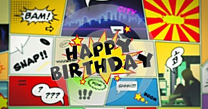 Bright colorful cartoon comic background with a happy birthday sign
