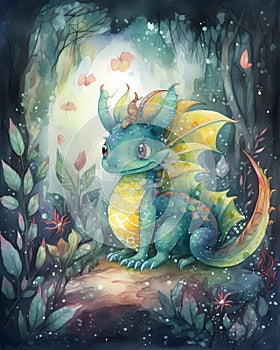 Bright and colorful cartoon dragon, kids storybook illustration, watercolor nursery art