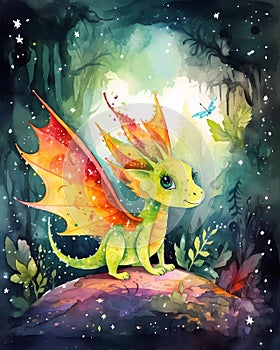 Bright and colorful cartoon dragon, kids storybook illustration, watercolor nursery art