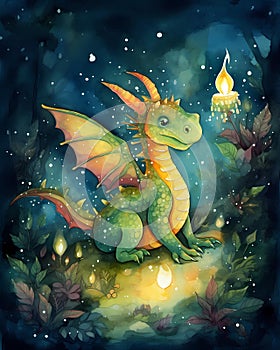 Bright and colorful cartoon dragon, kids storybook illustration, watercolor nursery art