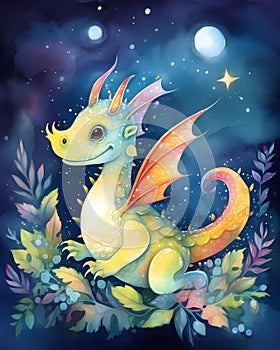 Bright and colorful cartoon dragon, kids storybook illustration, watercolor nursery art