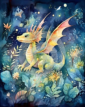 Bright and colorful cartoon dragon, kids storybook illustration, watercolor nursery art