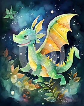 Bright and colorful cartoon dragon, kids storybook illustration, watercolor nursery art