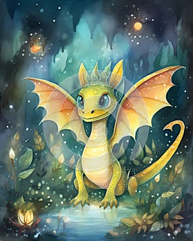 Bright and colorful cartoon dragon, kids storybook illustration, watercolor nursery art