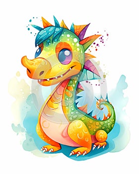 Bright and colorful cartoon dragon, kids storybook illustration, watercolor nursery art