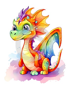 Bright and colorful cartoon dragon, kids storybook illustration, watercolor nursery art