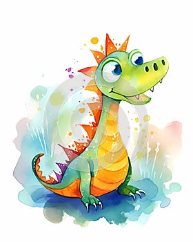 Bright and colorful cartoon dragon, kids storybook illustration, watercolor nursery art