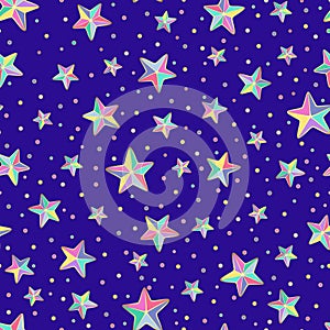 Bright colorful cartoon stars stars and circles with golden out line on a blue background. Vector seamless pattern.