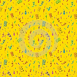 Bright colorful confetti and serpentine on yellow background, anniversary party seamless pattern
