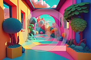 Bright colorful courtyard interior for kids ai generated