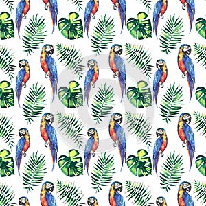 Bright colorful cute beautiful jungle tropical yellow and blue big parrots with green palm leaves pattern watercolor hand illustra