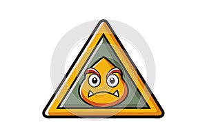Bright and colorful danger warning sign with expressive cartoon character face in triangular hazard symbol design on a white photo