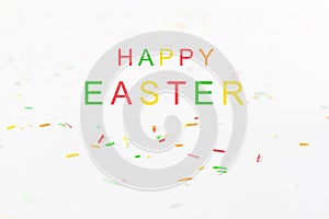 Bright colorful decorations with the words Happy Easter