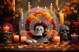 Bright and colorful Dia de los Muertos altar