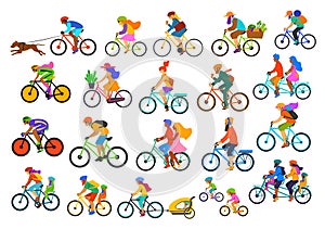 Bright colorful different active people riding bikes collection, man woman couples family friends children cycling to office work,