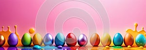 Bright colorful Easter eggs bottom border over pink background.