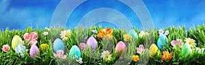 Bright colorful Easter eggs on grass with flowers against blue sky