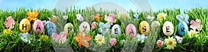 Bright colorful Easter eggs on green grass with flowers