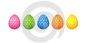 Bright colorful easter eggs Set of pink blue green orange yellow eggs with specks dots pattern Isolated on white background Eggs