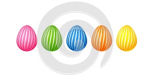 Bright colorful easter eggs Set of pink blue green orange yellow eggs with a spiral line pattern Isolated on white background