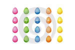 Bright colorful easter eggs Set of pink blue green orange yellow eggs with spiral lines specks flowers pattern Isolated