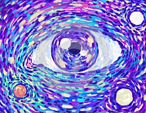 Bright colorful eye pattern. Hand drawn illustration by brush strokes. For meditation, contemplation. Yoga, reiki, spiritual