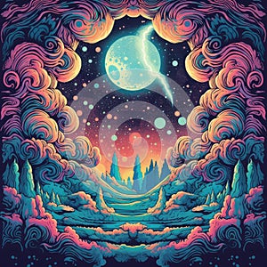 Bright colorful fantasy landscape with clouds, trees, moon and stars. Vibrant colors, surreal nature at night. Notebook
