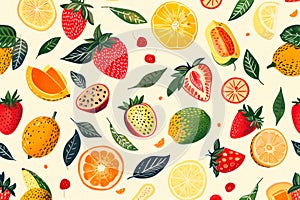 Bright and colorful fruit pattern illustration with citrus and berries