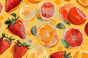 Bright and colorful fruit pattern illustration with citrus and berries