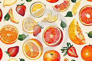 Bright and colorful fruit pattern illustration with citrus and berries