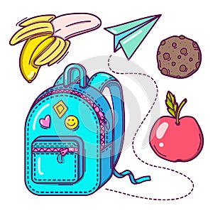 Bright colorful hand drawn set of school backpack, apple, banana and cooky. Isolated on white background