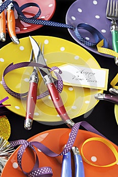 Bright and colorful Happy New Year party dinner table