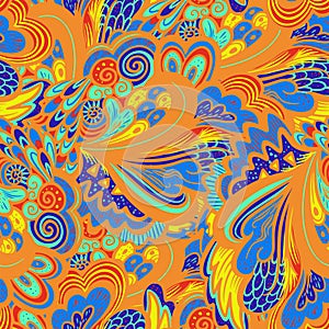 Bright colorful hippie seamless psychedelic pattern with abstract curly and plant elements.